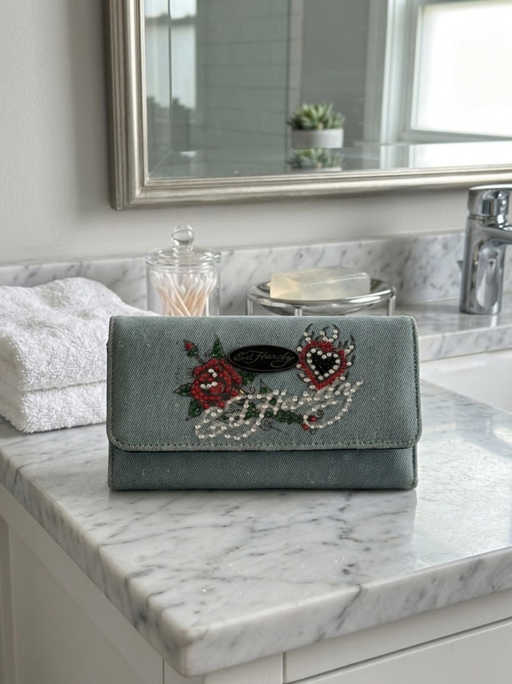 Ed Hardy Green Denim Wallet with Embroidered Roses and Jeweled Heart